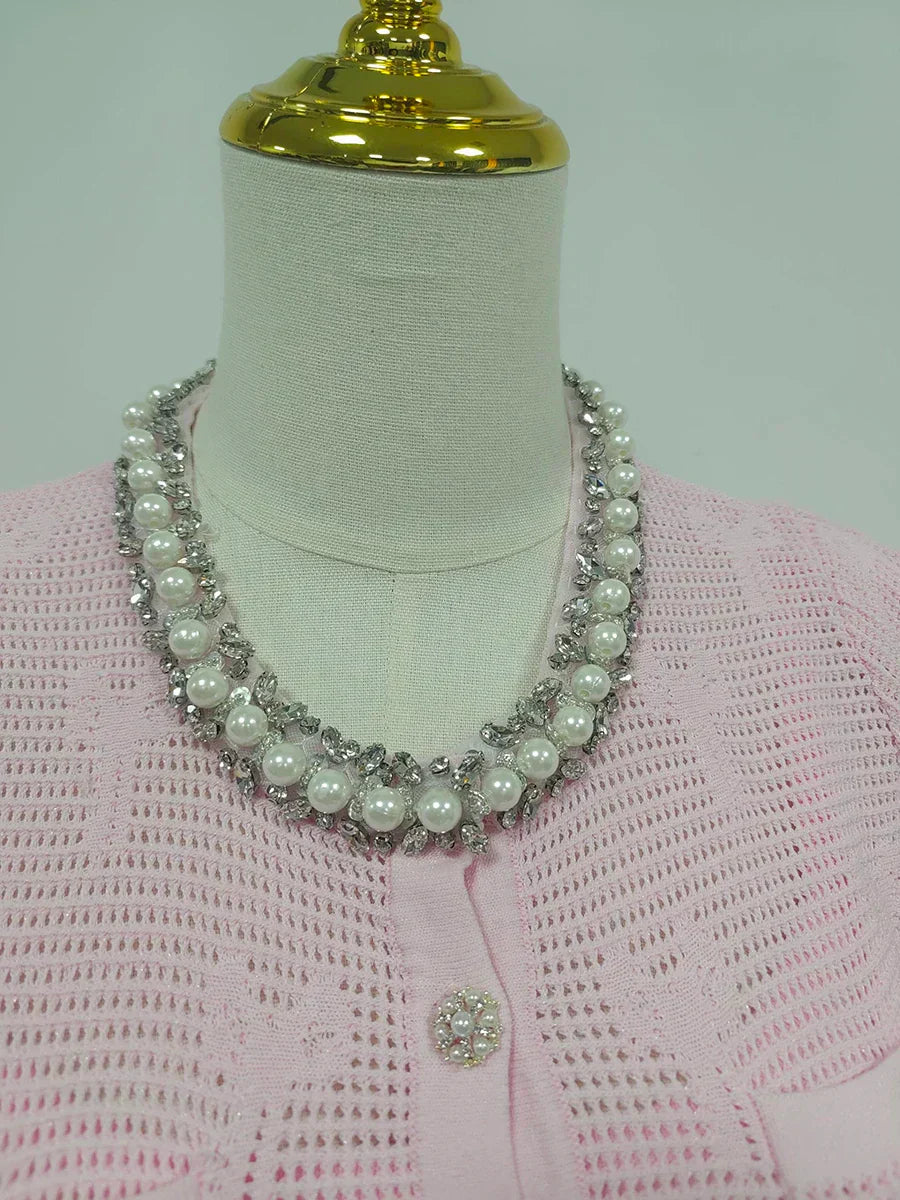 Pérola | Conjunto em Tricô Vazado Rosa com Cristais e Pérolas
