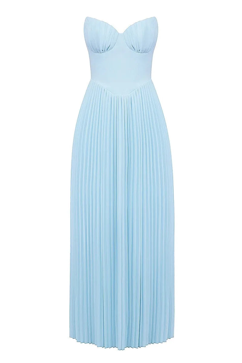 Celeste | Vestido Longo Azul Celeste com Espartilho e Saia Plissada