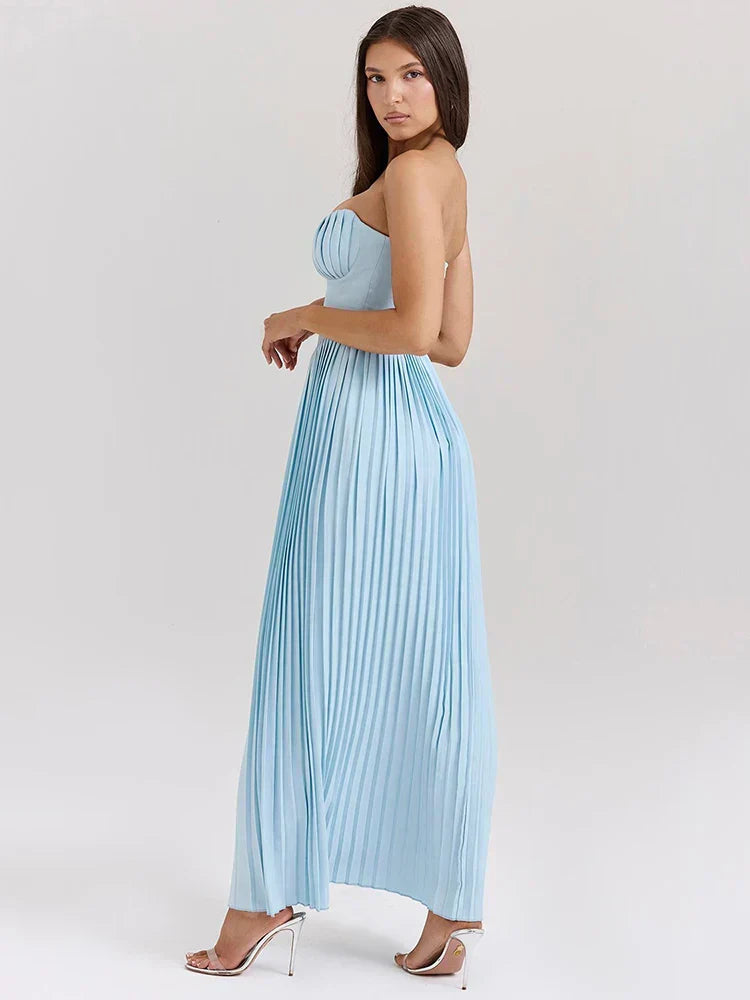 Celeste | Vestido Longo Azul Celeste com Espartilho e Saia Plissada
