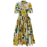 Solange | Vestido Midi Floral Rosa e Amarelo com Cinto
