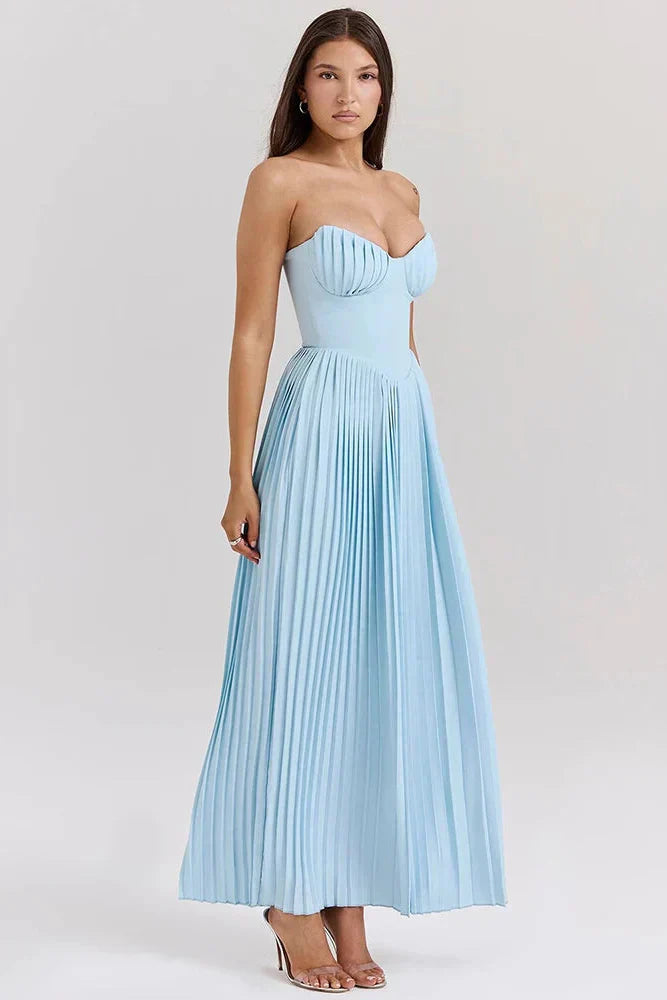 Celeste | Vestido Longo Azul Celeste com Espartilho e Saia Plissada
