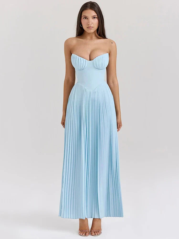 Celeste | Vestido Longo Azul Celeste com Espartilho e Saia Plissada