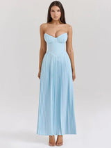 Celeste | Vestido Longo Azul Celeste com Espartilho e Saia Plissada