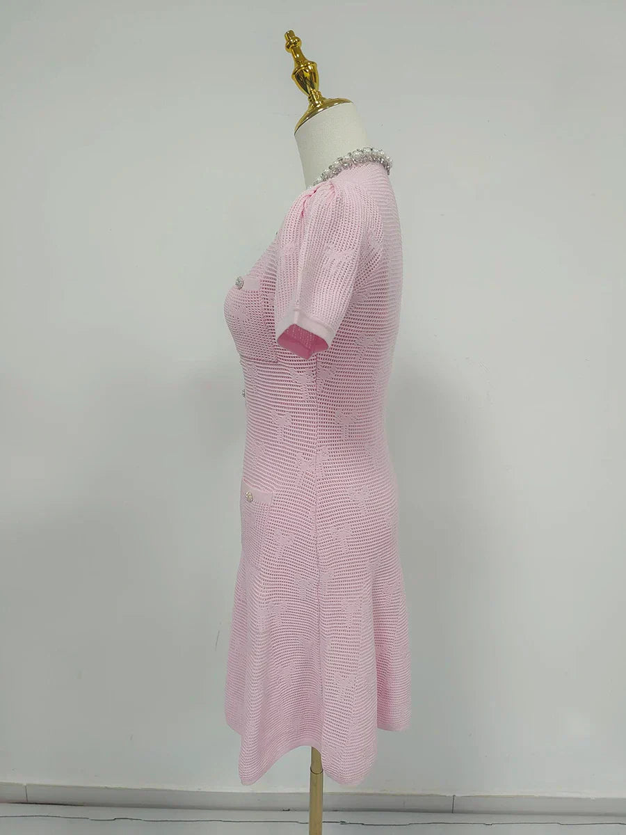 Pérola | Conjunto em Tricô Vazado Rosa com Cristais e Pérolas