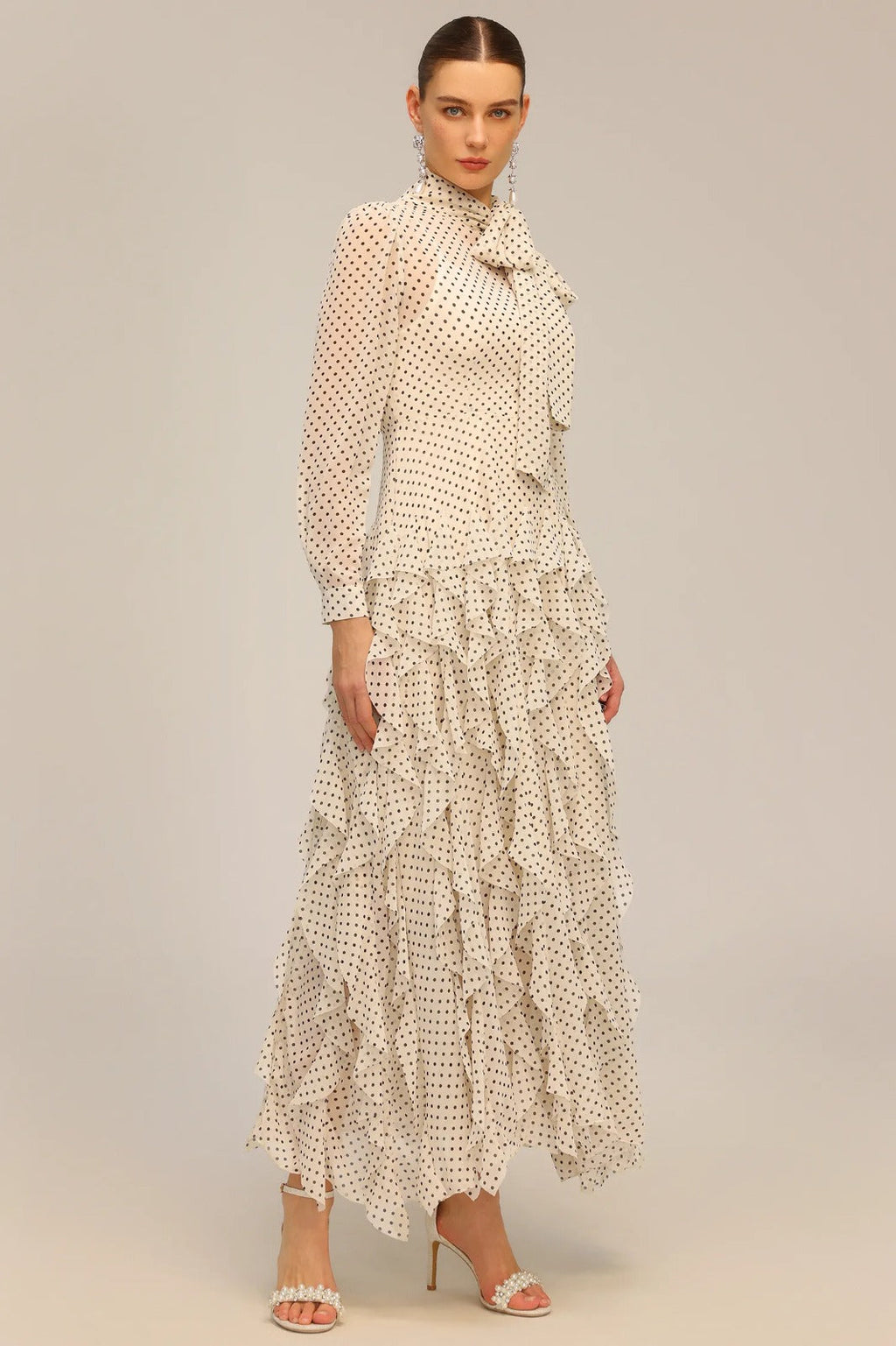 Sereia | Vestido Longo em Chiffon com Poás e Laço Borboleta