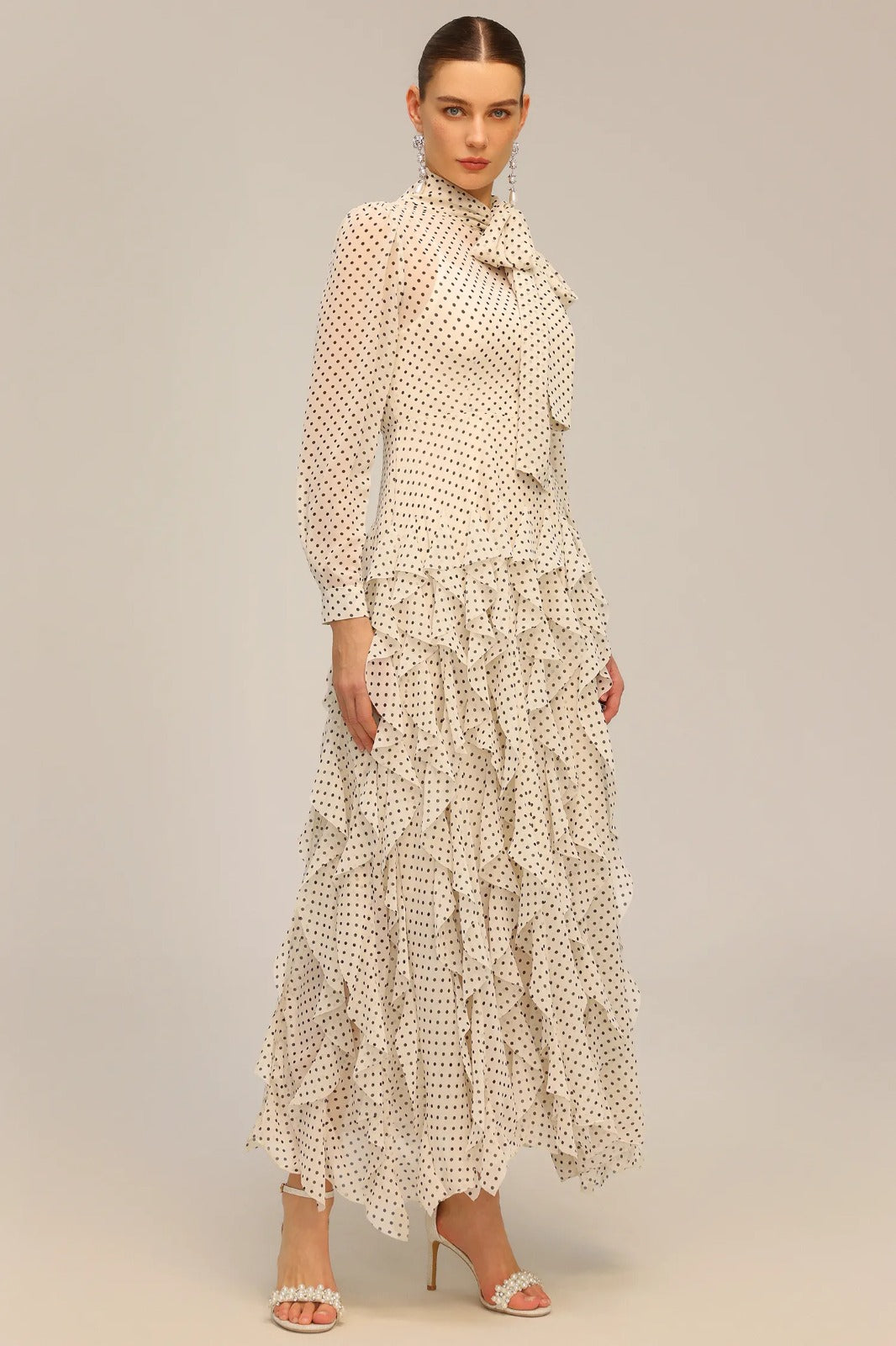 Sereia | Vestido Longo em Chiffon com Poás e Laço Borboleta