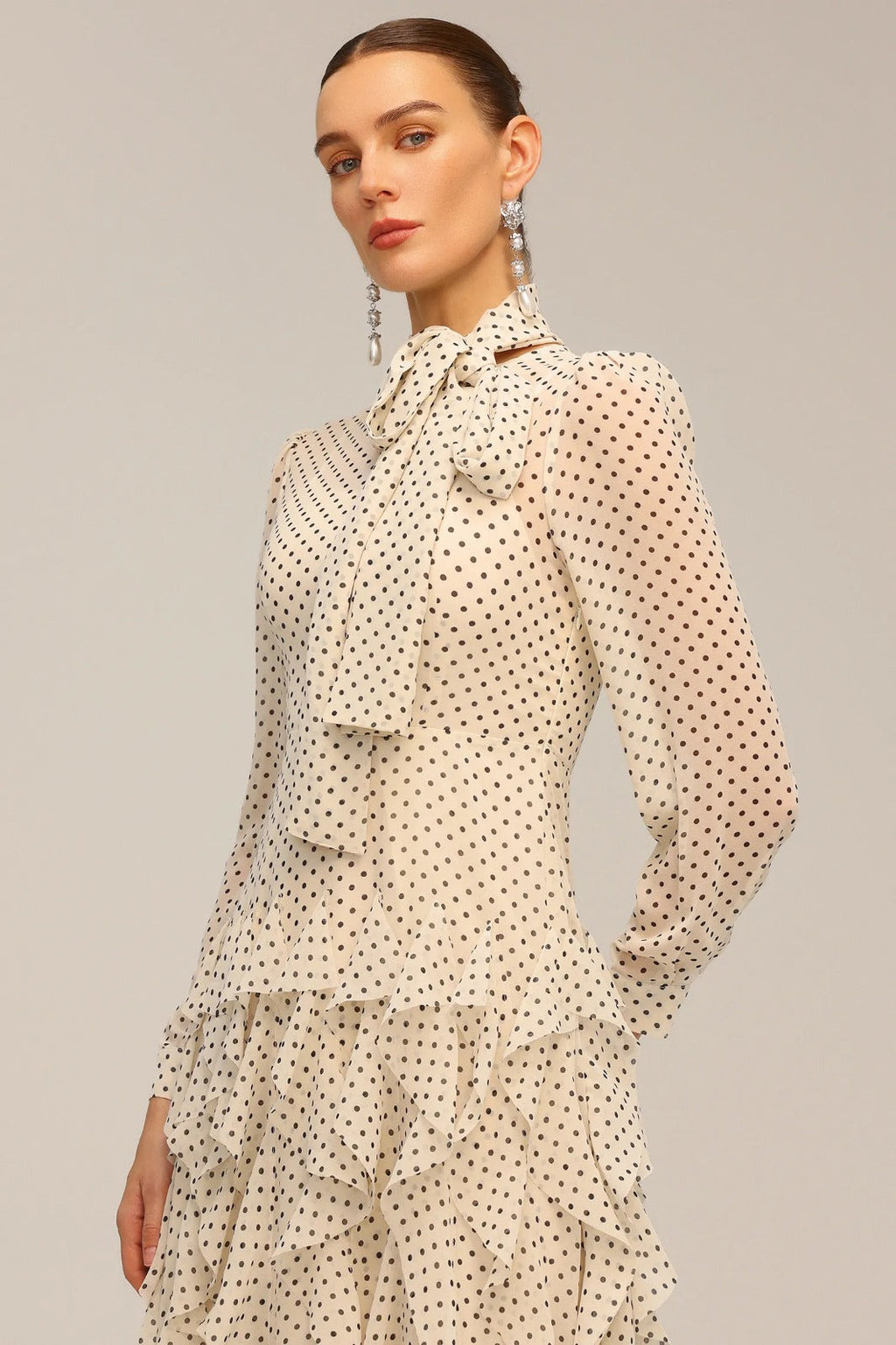 Sereia | Vestido Longo em Chiffon com Poás e Laço Borboleta