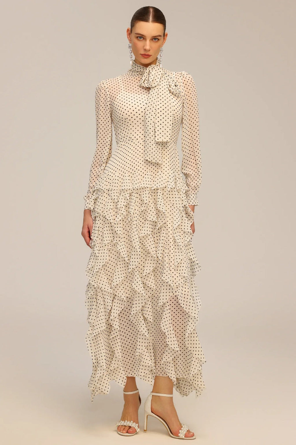 Sereia | Vestido Longo em Chiffon com Poás e Laço Borboleta