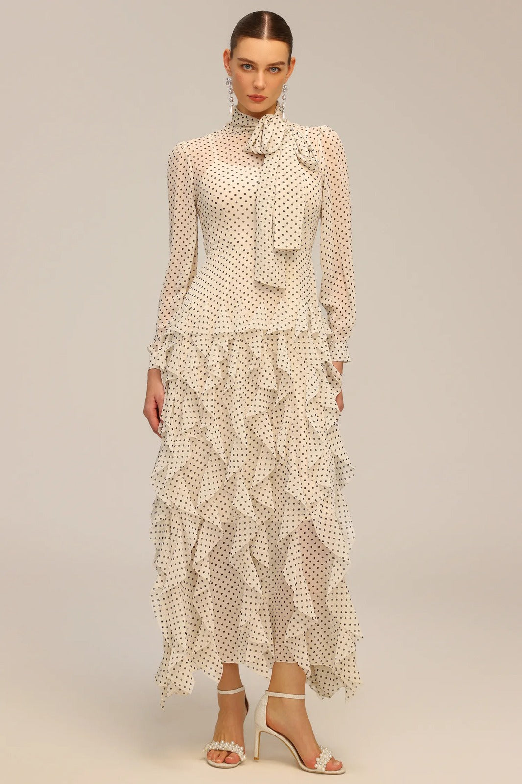 Sereia | Vestido Longo em Chiffon com Poás e Laço Borboleta