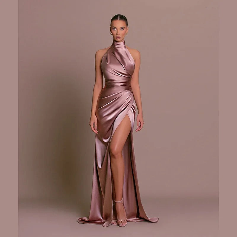 Vestido Longo Feminino Cetim Luxo Gola Halter Fenda Alta Festa Elegante