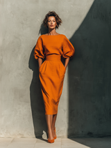 Âmbar | Vestido Midi Laranja com Manga Morcego e Cinto