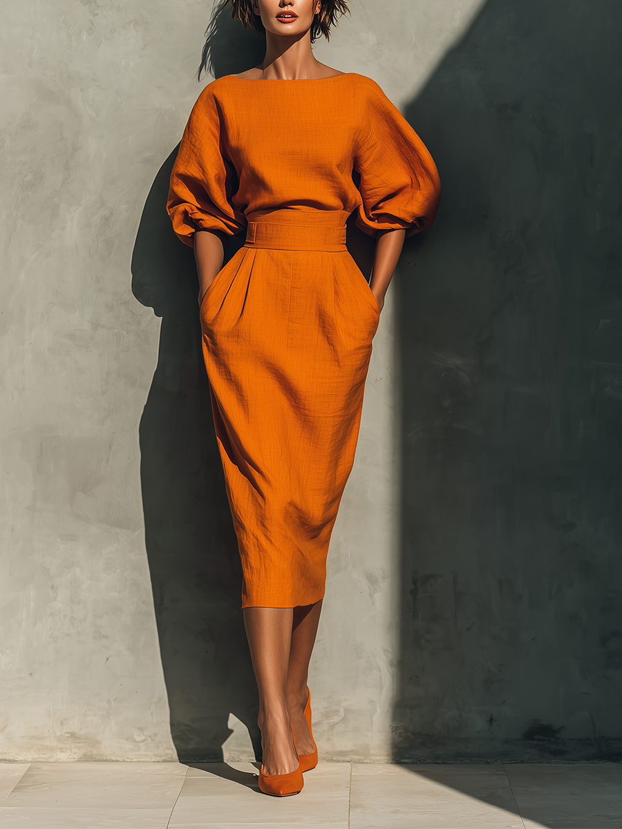 Âmbar | Vestido Midi Laranja com Manga Morcego e Cinto