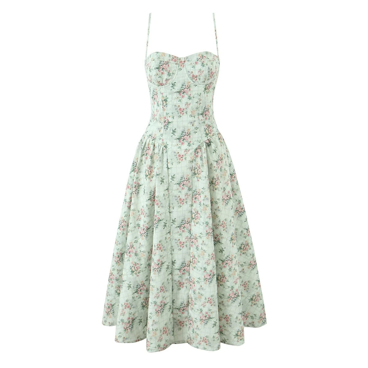 Sávia | Vestido Midi Floral Sage com Corselet e Saia Godê