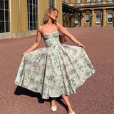 Sávia | Vestido Midi Floral Sage com Corselet e Saia Godê