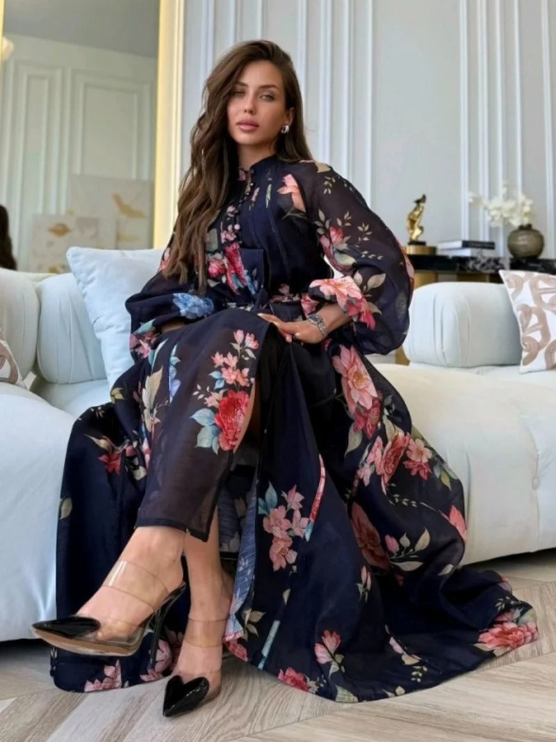 Iara | Vestido Longo Maxi Floral em Chiffon com Manga Lanterna e Cinto