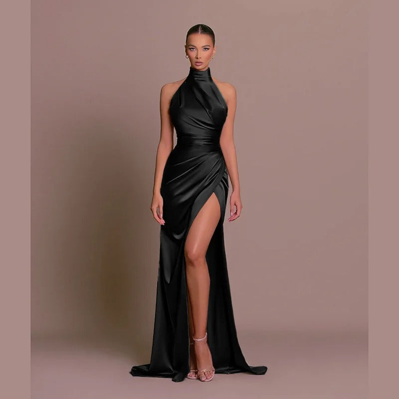 Vestido Longo Feminino Cetim Luxo Gola Halter Fenda Alta Festa Elegante