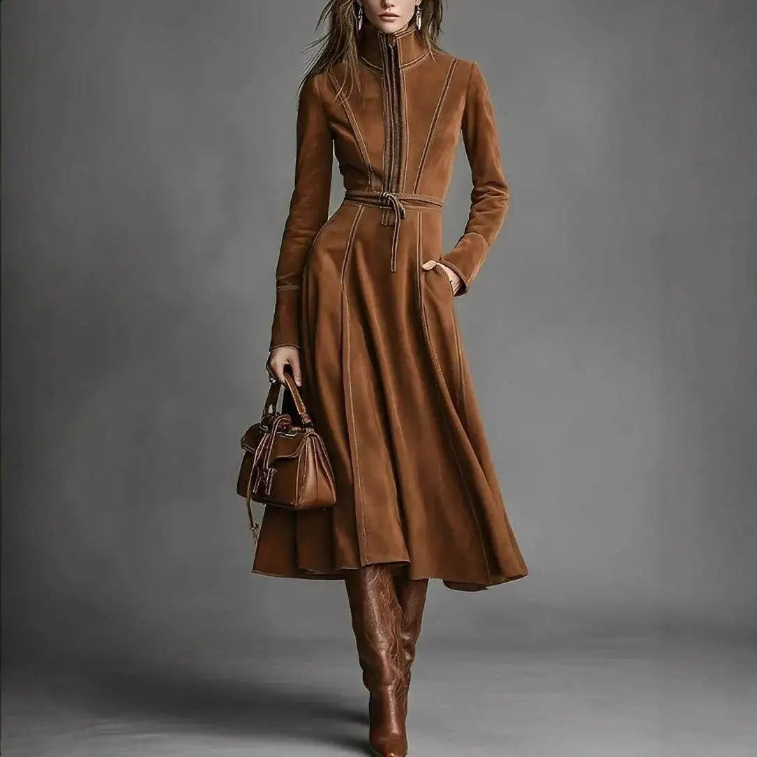 Bruna | Vestido Longo de Camurça com Cinto e Caimento A-Line