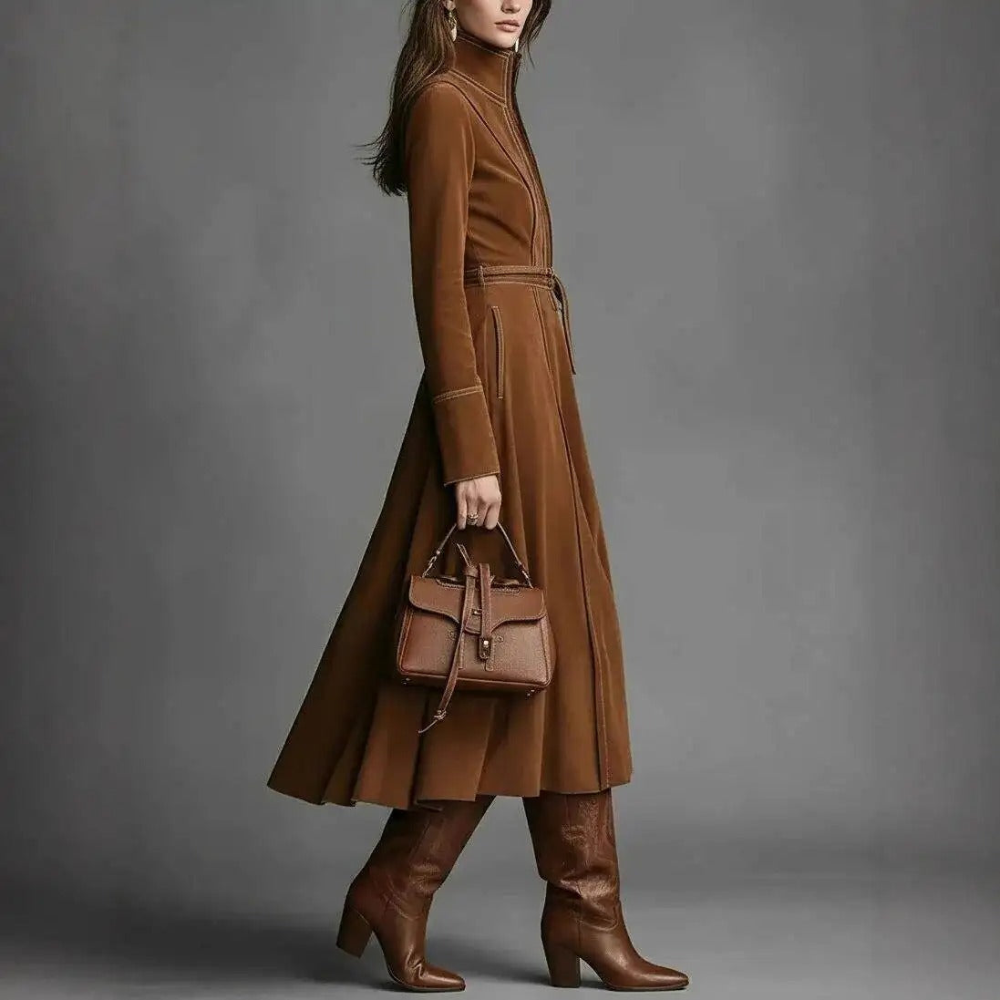 Bruna | Vestido Longo de Camurça com Cinto e Caimento A-Line