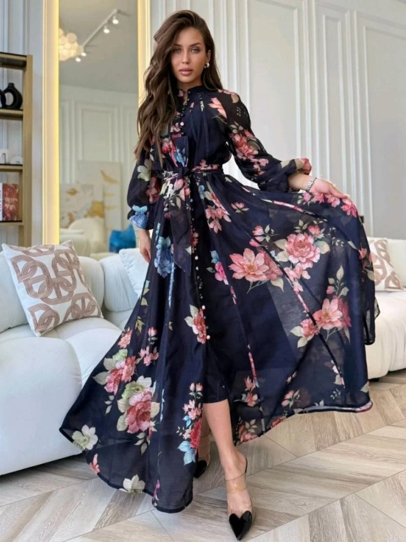 Iara | Vestido Longo Maxi Floral em Chiffon com Manga Lanterna e Cinto