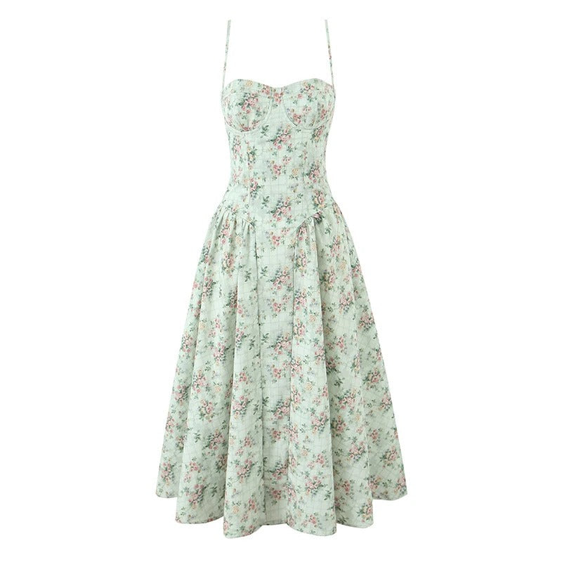 Sávia | Vestido Midi Floral Sage com Corselet e Saia Godê