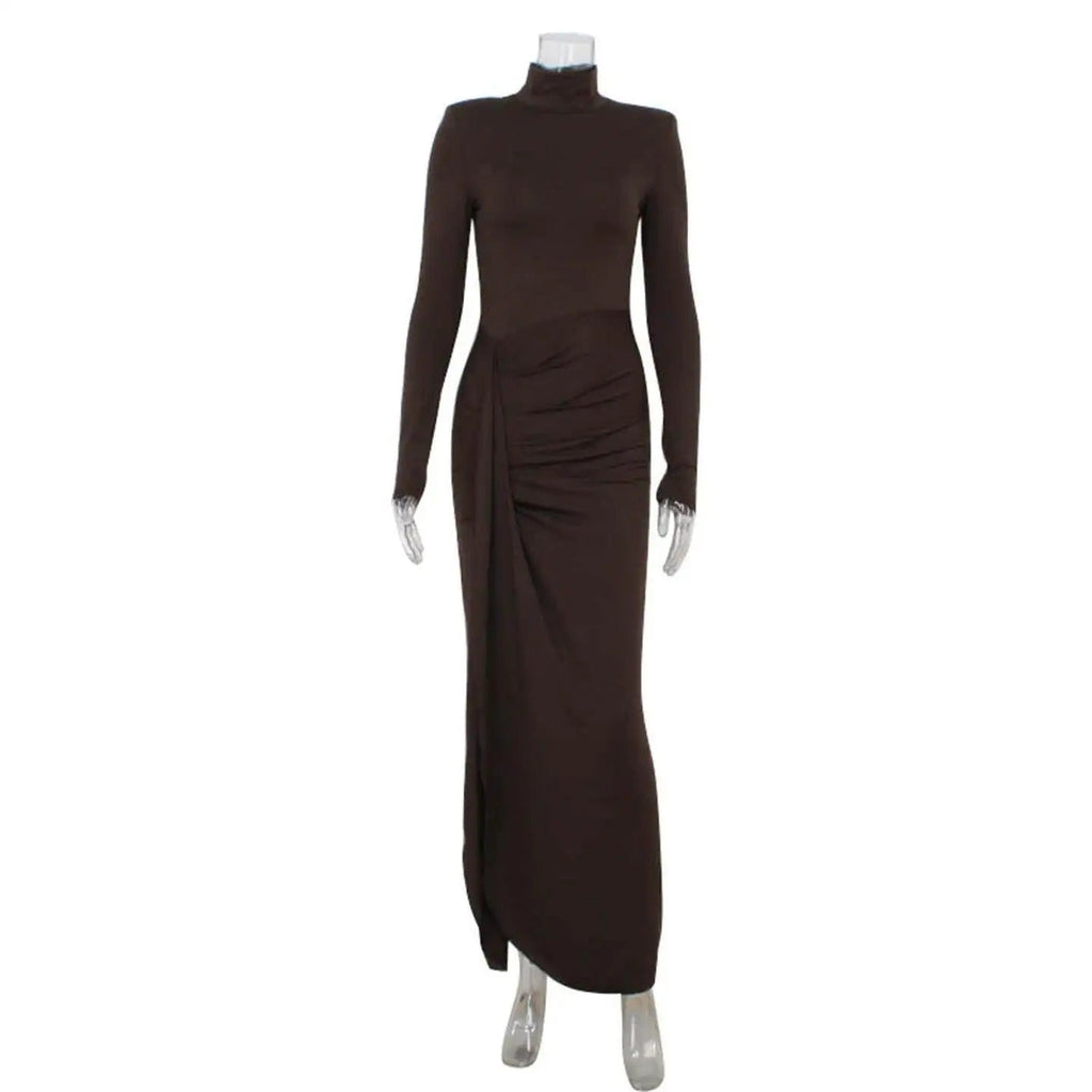 Helena – Vestido Elegante com Gola Alta, Cinto e Manga Longa