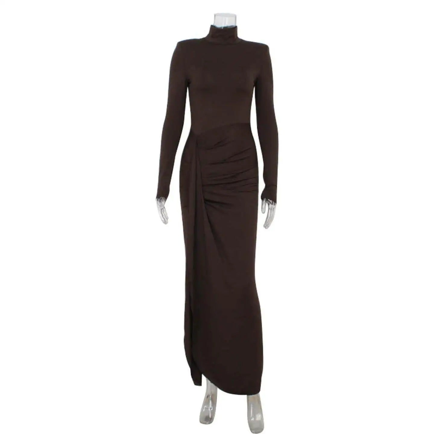 Helena – Vestido Elegante com Gola Alta, Cinto e Manga Longa