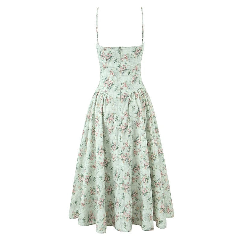 Sávia | Vestido Midi Floral Sage com Corselet e Saia Godê