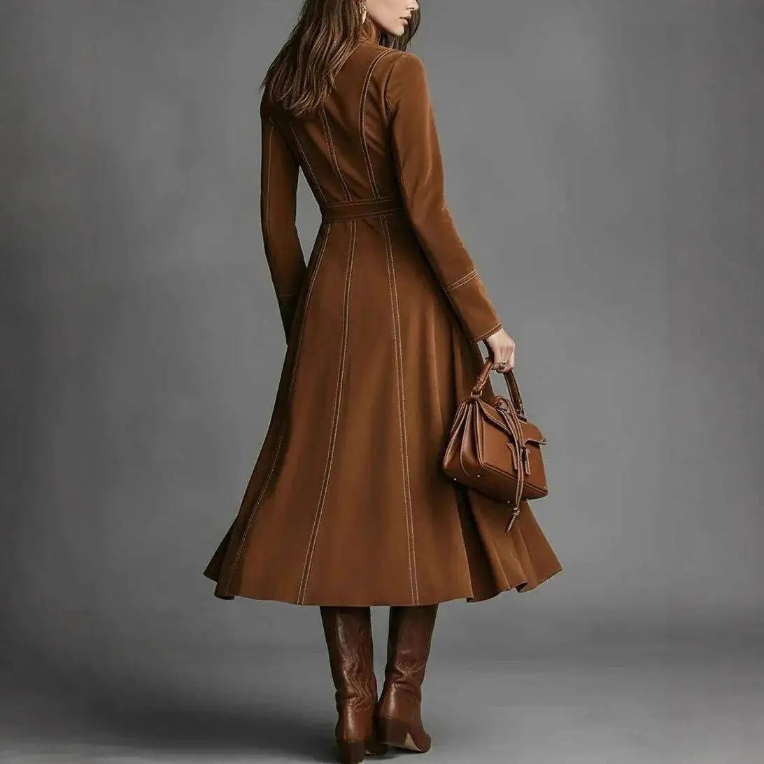 Bruna | Vestido Longo de Camurça com Cinto e Caimento A-Line