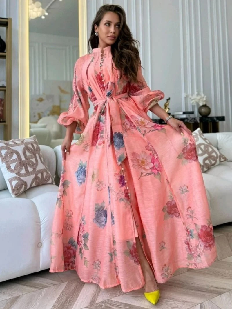 Iara | Vestido Longo Maxi Floral em Chiffon com Manga Lanterna e Cinto