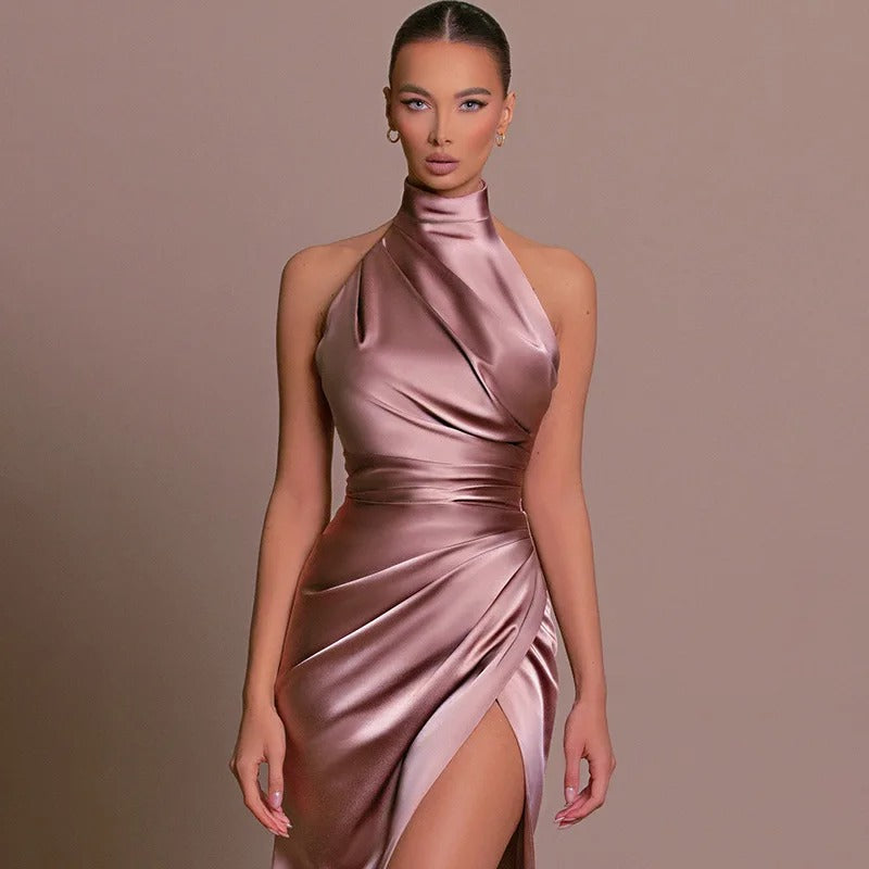 Vestido Longo Feminino Cetim Luxo Gola Halter Fenda Alta Festa Elegante