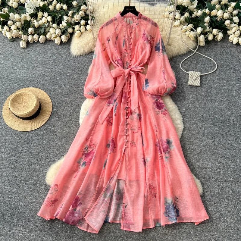 Iara | Vestido Longo Maxi Floral em Chiffon com Manga Lanterna e Cinto
