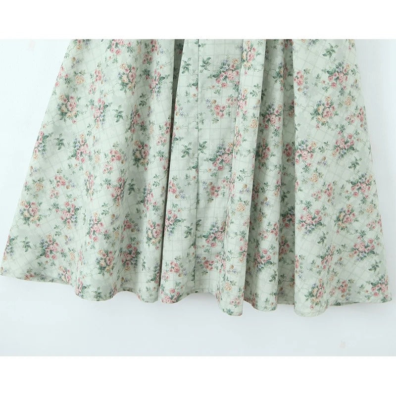 Sávia | Vestido Midi Floral Sage com Corselet e Saia Godê