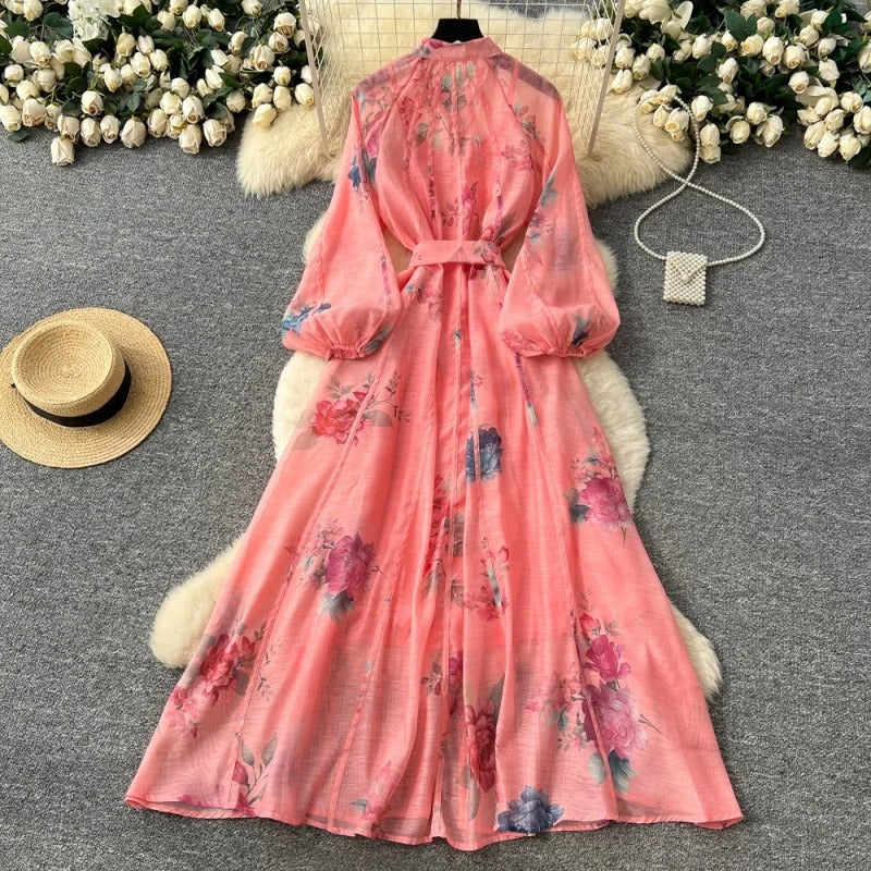 Iara | Vestido Longo Maxi Floral em Chiffon com Manga Lanterna e Cinto