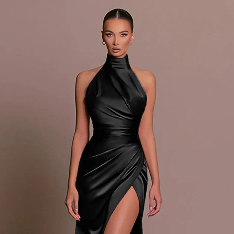 Vestido Longo Feminino Cetim Luxo Gola Halter Fenda Alta Festa Elegante