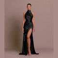 Vestido Longo Feminino Cetim Luxo Gola Halter Fenda Alta Festa Elegante