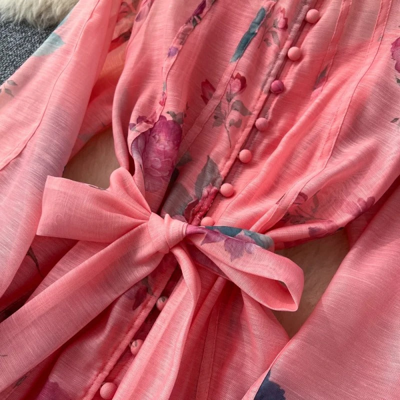 Iara | Vestido Longo Maxi Floral em Chiffon com Manga Lanterna e Cinto