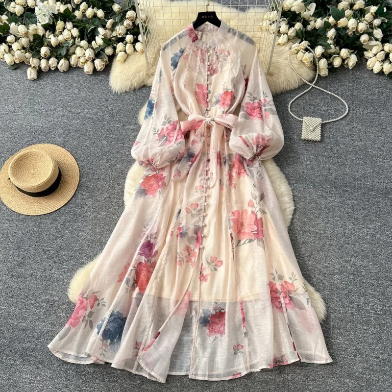 Iara | Vestido Longo Maxi Floral em Chiffon com Manga Lanterna e Cinto