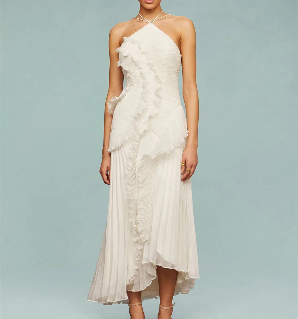 Violeta | Vestido Maxi Lilás em Chiffon Plissado com Halter e Barra Assimétrica