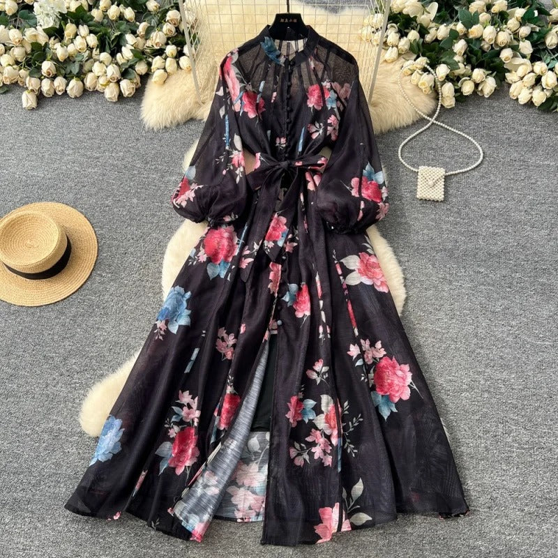 Iara | Vestido Longo Maxi Floral em Chiffon com Manga Lanterna e Cinto