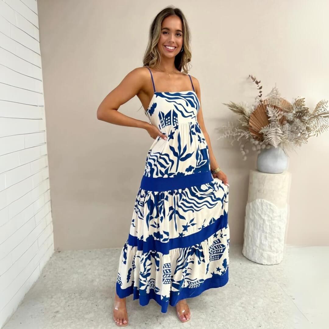 Carmen | Vestido Longo Azul e Branco com Estampa Marcante
