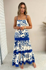 Carmen | Vestido Longo Azul e Branco com Estampa Marcante