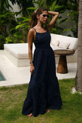 Kimmy | Vestido Longo Azul Marinho em Algodão com Costas Abertas