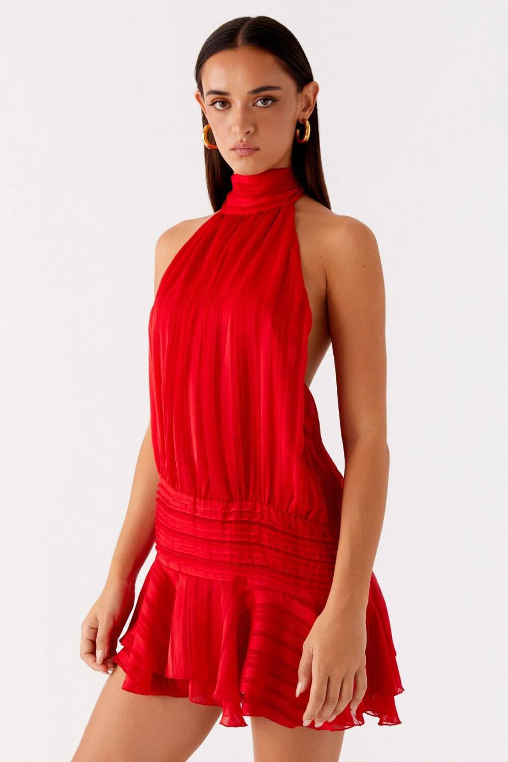 Solange | Vestido Curto em Listras Amarelo Claro com Halter e Costas Abertas