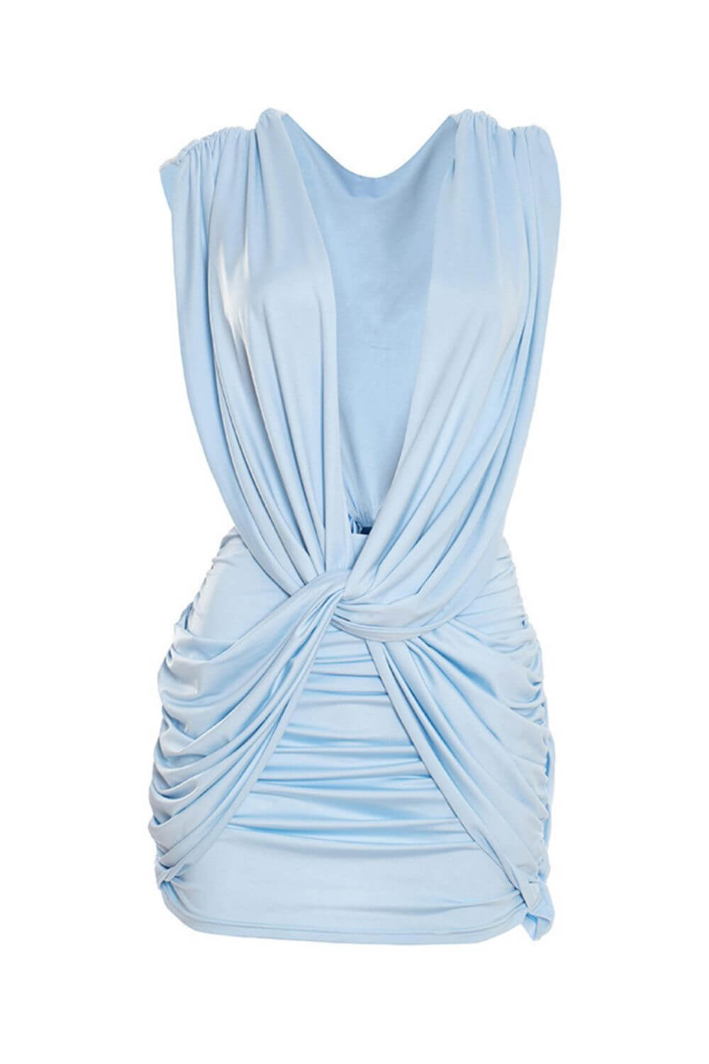 Olise | Vestido Curto em Azul Claro com Nó Frontal e Decote V