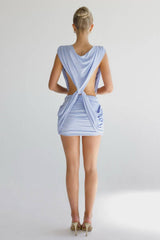 Olise | Vestido Curto em Azul Claro com Nó Frontal e Decote V