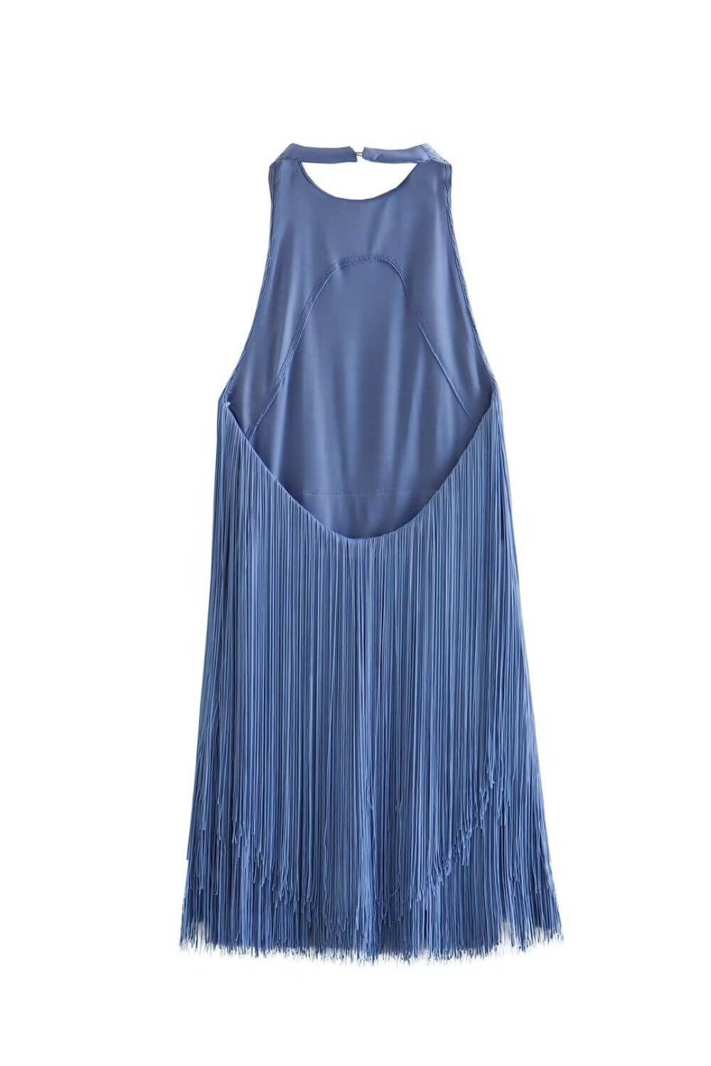 Penélope | Vestido Mini em Franjas Azul Ardósia com Decote Halter