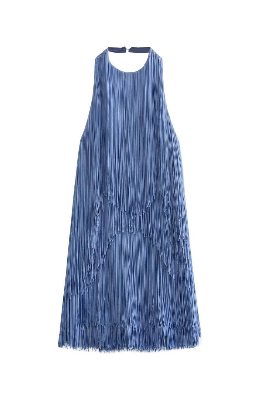 Penélope | Vestido Mini em Franjas Azul Ardósia com Decote Halter