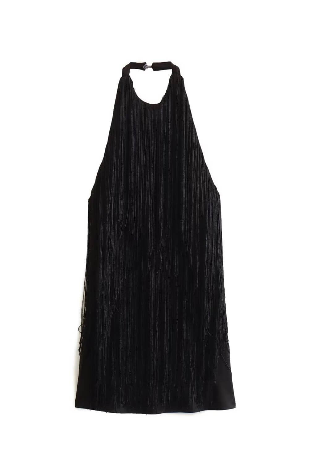 Penélope | Vestido Mini em Franjas Azul Ardósia com Decote Halter