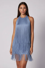 Penélope | Vestido Mini em Franjas Azul Ardósia com Decote Halter