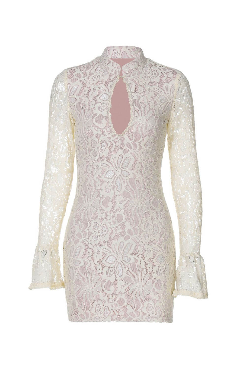 Sorelle | Vestido Curto em Renda Floral Off-White com Manga Longa e Recorte Frontal